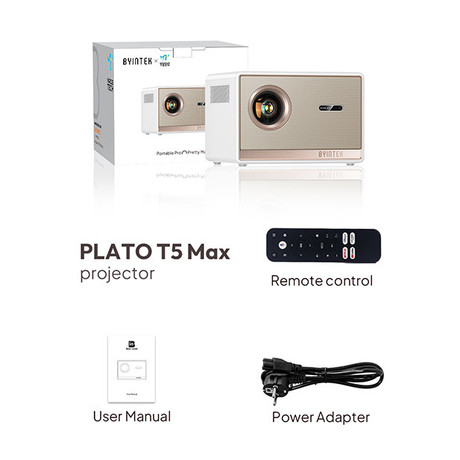 BYINTEK PLATO T5 MAX prenosni LED projektor, GoogleTV, WIFI 6, Bluetooth, 1000 ANSI lumnov, STEREO zvočniki, samodejni fokus, deljenje zaslona, max 4K UHD, USB / HDMI / AUX / RJ-45, +daljinec, bel