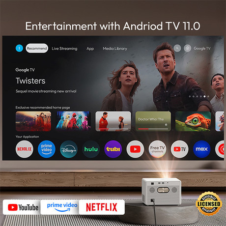 BYINTEK PLATO T5 MAX prenosni LED projektor, GoogleTV, WIFI 6, Bluetooth, 1000 ANSI lumnov, STEREO zvočniki, samodejni fokus, deljenje zaslona, max 4K UHD, USB / HDMI / AUX / RJ-45, +daljinec, bel