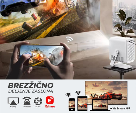 BYINTEK VEVSHAO A15 prenosni LED projektor, Android, Dual WIFI, Bluetooth, 260 ANSI lumnov, zvočnik, samodejni fokus, deljenje zaslona, max 4K UHD, USB / HDMI / AUX, +daljinec, bel