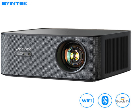 BYINTEK VEVSHAO A24 prenosni LED LCD projektor, GoogleTV, Dual WIFI, Bluetooth, 1700 ANSI lumnov, samodejni fokus, STEREO zvočniki, stojalo, max 4K UHD, USB / HDMI / AUX / RJ-45, +daljinec, črn