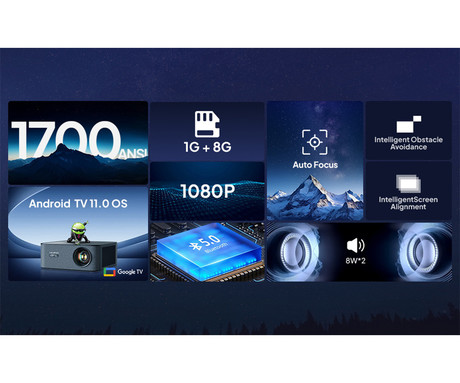 BYINTEK VEVSHAO A24 prenosni LED LCD projektor, GoogleTV, Dual WIFI, Bluetooth, 1700 ANSI lumnov, samodejni fokus, STEREO zvočniki, stojalo, max 4K UHD, USB / HDMI / AUX / RJ-45, +daljinec, črn