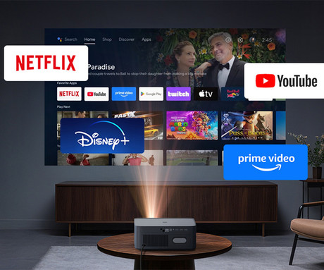 BYINTEK VEVSHAO A24 prenosni LED LCD projektor, GoogleTV, Dual WIFI, Bluetooth, 1700 ANSI lumnov, samodejni fokus, STEREO zvočniki, stojalo, max 4K UHD, USB / HDMI / AUX / RJ-45, +daljinec, črn