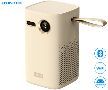 BYINTEK MAGIC X1 prenosni 3LED DLP projektor, Android TV, Dual WIFI, Bluetooth, polnilna baterija, 400 ANSI lumnov, samodejni fokus, STEREO zvočniki, max 4K UHD, USB-A / USB-C / HDMI, +daljinec, bel