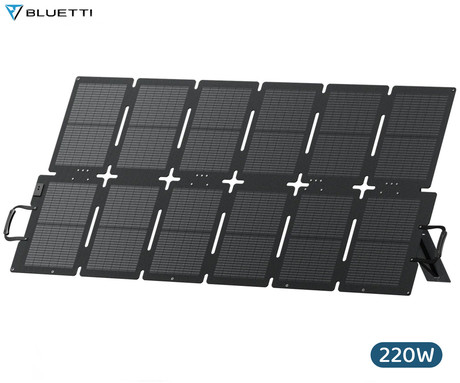 BLUETTI SORA 220 prenosni solarni panel, 220W moč, polnjenje polnilnih postaj, zložljiva oblika, stojalo, ročaj, UV odpornost, IP67 vodoodpornost, ETFE prevleka, MC4 konektor, črn