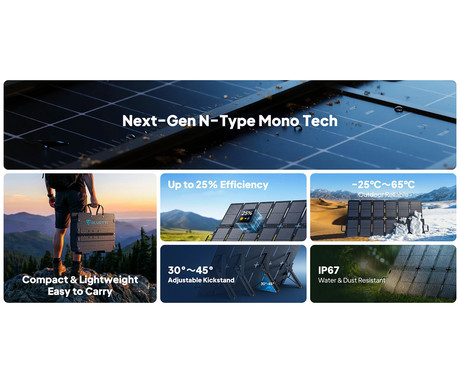 BLUETTI SORA 220 prenosni solarni panel, 220W moč, polnjenje polnilnih postaj, zložljiva oblika, stojalo, ročaj, UV odpornost, IP67 vodoodpornost, ETFE prevleka, MC4 konektor, črn