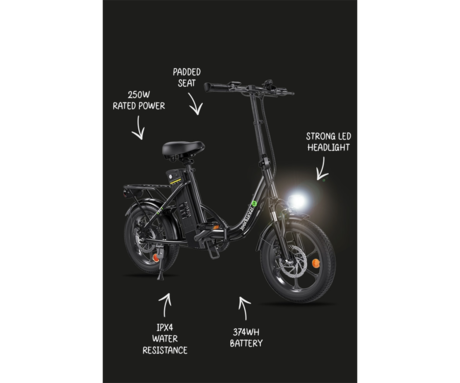 ISINWHEEL U4 električno kolo, zložljivo, 16" pnevmatike, 250W motor, 36V 10Ah 374Wh baterija, do 88km, do 25km/h, disk zavore, vzmetenje, črno