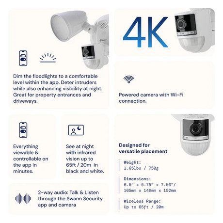 SWANN 4KFLOCAM 4K Floodlight žična IP varnostna kamera, 4K UHD, WIFI, TrueDetect, 2600 lumnov LED reflektor, 115° snemanje, APP, Night2Day snemanje, mikrofon, zvočnik, sirena, IP65, +microSD