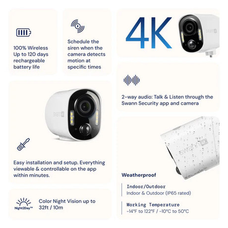 SWANN 4KXTRM Xtreem4K brezžična IP varnostna kamera, 4K UHD, WIFI, TrueDetect, 13200mAh polnilna baterija, LED reflektor, APP, Night2Day snemanje, mikrofon, zvočnik, IP65, +microSD