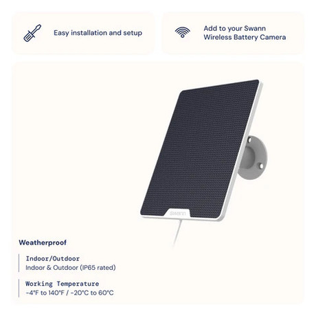 SWANN SOLAR4 solarni panel za brezžično IP varnostno kamero, za vse Swann WIFI brezžične baterijske kamere, 2.8W moč, nastavljiv kot / naklon, Plug&Play namestitev, IP65, USB Type-C, bel