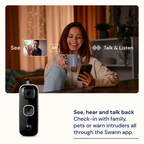 SWANN BUDDY4K pametni video zvonec, 4K UHD, WIFI, TrueDetect, SwannShield AI glasovni pomočnik, 6500mAh polnilna baterija, 165° snemanje, APP, IR Night Vision, mikrofon, zvočnik, IP56, CHIME, +microSD