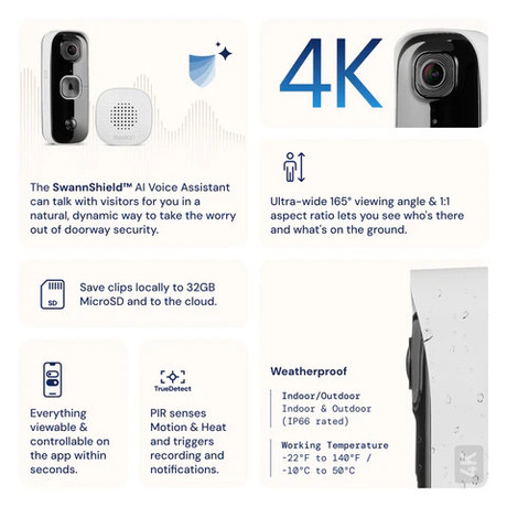 SWANN BUDDY4K pametni video zvonec, 4K UHD, WIFI, TrueDetect, SwannShield AI glasovni pomočnik, 6500mAh polnilna baterija, 165° snemanje, APP, IR Night Vision, mikrofon, zvočnik, IP56, CHIME, +microSD