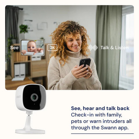 SWANN SE2KIC 2K EVO žična IP varnostna kamera, 2K QHD, WIFI, 90° snemanje, APP, IR Night Vision, mikrofon, zvočnik, sirena, Plug&Play namestitev, USB Type-C, bela