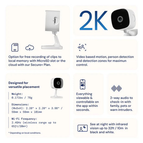SWANN SE2KIC 2K EVO žična IP varnostna kamera, 2K QHD, WIFI, 90° snemanje, APP, IR Night Vision, mikrofon, zvočnik, sirena, Plug&Play namestitev, USB Type-C, bela