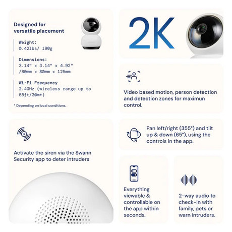 SWANN SE2KPT 2K EVO PT žična IP varnostna kamera, 2K QHD, WIFI, AUTO sledenje, 355° vrtenje, 65° nagibanje, APP, IR Night Vision, mikrofon, zvočnik, sirena, USB Type-C, bela