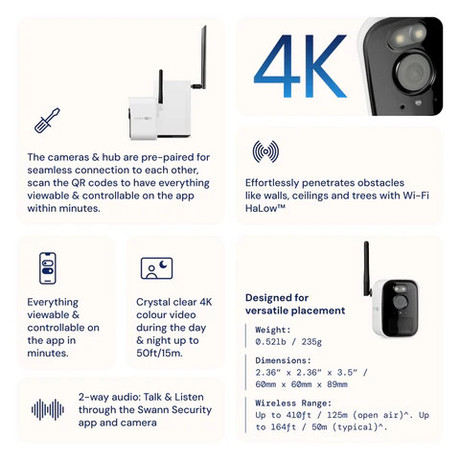 SWANN MRMINISD2 MaxRanger4K Mini brezžični varnostni sistem, 4K UHD, 2x kamera, 1x snemalna enota, WIFI HaLow, TrueDetect+, APP, Night2Day snemanje, mikrofon, zvočnik, IP66, +microSD