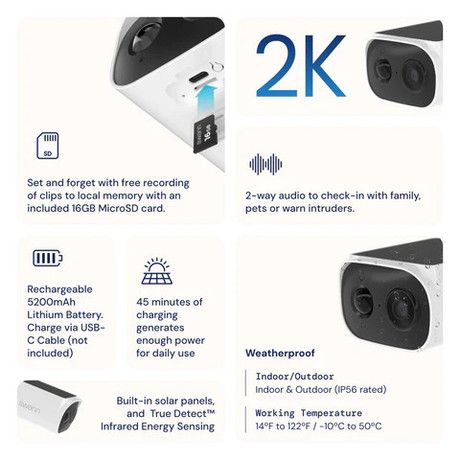 SWANN SESOL2KBC EVO brezžična IP varnostna kamera, 2K QHD, WIFI, TrueDetect, solarni panel, 5200mAh polnilna baterija, APP, IR Night Vision, mikrofon, zvočnik, sirena, IP56, +microSD