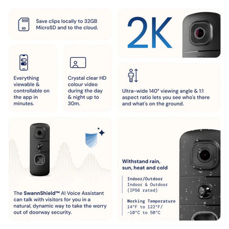 SWANN EVOVDB EVO pametni video zvonec, 2K QHD, WIFI, TrueDetect, SwannShield AI glasovni pomočnik, 5200mAh polnilna baterija, 140° snemanje, APP, IR Night Vision, mikrofon, zvočnik, IP56
