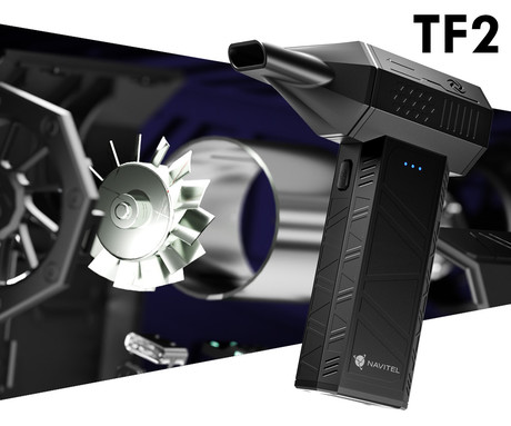 NAVITEL TF2 turbo ventilator, 120W visoka moč, 110.000rpm, 45m/s, priloženi nastavki, 3 hitrosti, 2500mAh polnilna baterija, USB Type-C, črn
