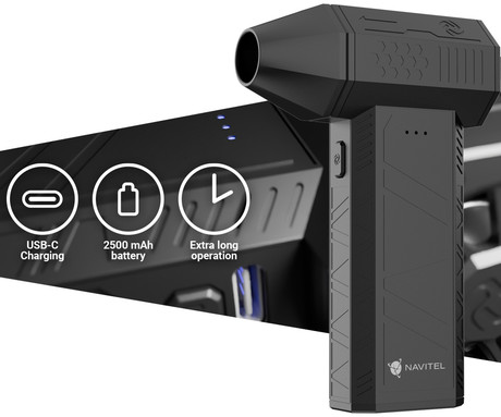 NAVITEL TF2 turbo ventilator, 120W visoka moč, 110.000rpm, 45m/s, priloženi nastavki, 3 hitrosti, 2500mAh polnilna baterija, USB Type-C, črn