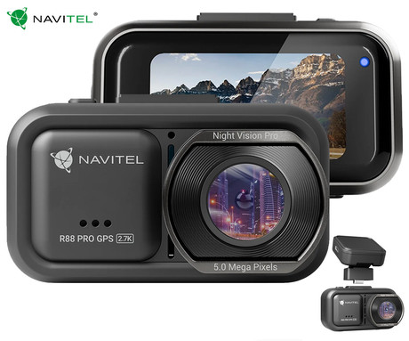 NAVITEL R88 PRO GPS avto kamera, 1.45" zaslon, 2.7K Super HD, 135° snemalni kot, G-senzor, Parking Mode, GPS, WiFi 5, SONY STARVIS 2, Night Vision Pro, aplikacija, darilni bon, črna
