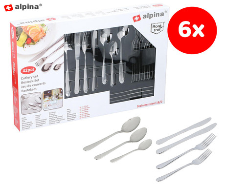 ALPINA komplet jedilnega pribora, 42 kos, nerjaveče jeklo, 6x nož, 6x vilica, 6x žlica, 6x mini nož, 6x mini žlica, 6x mini vilica, 6x čajna žlica, srebrn