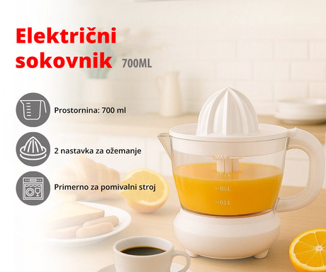 ALPINA ožemalnik citrusov / juicer, električni, 25W, 700ml, 2 nastavka, 2 smeri delovanja, odstranljiva posoda, bel