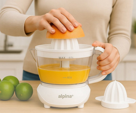 ALPINA ožemalnik citrusov / juicer, električni, 25W, 700ml, 2 nastavka, 2 smeri delovanja, odstranljiva posoda, bel