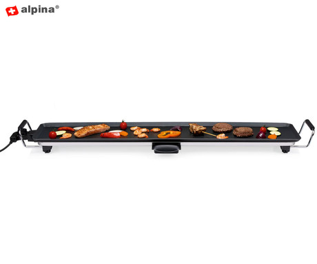 ALPINA TEPPANYAKI GRILL električna žar plošča, XXL 87x23cm velikost, 1800W visoka moč, visokokakovostna kovina, nastavljiva temperatura, odcejalni pladenj za maščobo, črn