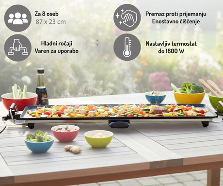 ALPINA TEPPANYAKI GRILL električna žar plošča, XXL 87x23cm velikost, 1800W visoka moč, visokokakovostna kovina, nastavljiva temperatura, odcejalni pladenj za maščobo, črn