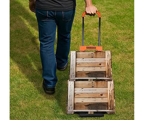 BLACK+DECKER ročni transportni voziček, zložljiv, kovinski, nosilnost do 65kg, lahka teža 3.81kg, za vse transportne potrebe, črn, oranžen