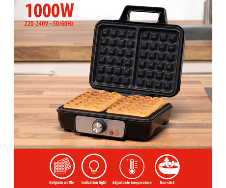 ALPINA WAFFLE aparat / naprava za vaflje, 1000W, električni, nastavljiva temperatura, premaz proti prijemanju, LED indikator, 75cm kabel, 23.7x24.7x9.7cm, črno srebrn