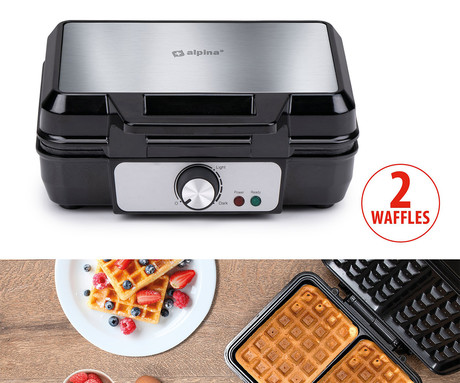 ALPINA WAFFLE aparat / naprava za vaflje, 1000W, električni, nastavljiva temperatura, premaz proti prijemanju, LED indikator, 75cm kabel, 23.7x24.7x9.7cm, črno srebrn
