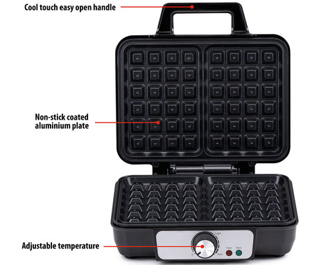 ALPINA WAFFLE aparat / naprava za vaflje, 1000W, električni, nastavljiva temperatura, premaz proti prijemanju, LED indikator, 75cm kabel, 23.7x24.7x9.7cm, črno srebrn