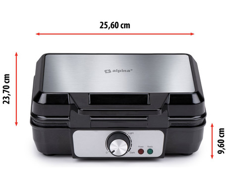 ALPINA WAFFLE aparat / naprava za vaflje, 1000W, električni, nastavljiva temperatura, premaz proti prijemanju, LED indikator, 75cm kabel, 23.7x24.7x9.7cm, črno srebrn