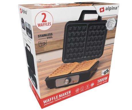 ALPINA WAFFLE aparat / naprava za vaflje, 1000W, električni, nastavljiva temperatura, premaz proti prijemanju, LED indikator, 75cm kabel, 23.7x24.7x9.7cm, črno srebrn