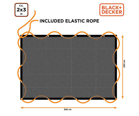 BLACK+DECKER mreža za prikolico, 2x3m, varen prevoz tovora / materiala, maksimalna varnost, elastični material, trpežna izdelava, +torba, črna