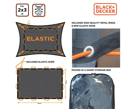 BLACK+DECKER mreža za prikolico, 2x3m, varen prevoz tovora / materiala, maksimalna varnost, elastični material, trpežna izdelava, +torba, črna