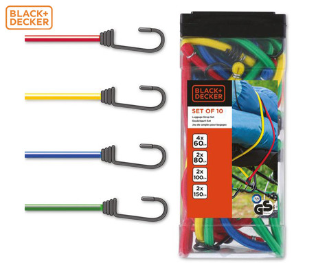 BLACK+DECKER elastični trakovi za pripenjanje, 10 kos, 4x60cm, 2x80cm, 2x100cm, 2x150cm, različne barve