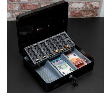 BLACK+DECKER blagajna / sef za denar s ključavnico, 4 predali / pregrade, razvrščevalnik / pladenj za kovance, 2 ključa, trpežna izdelava, jeklo, 30x24x9cm, črna