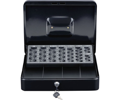 BLACK+DECKER blagajna / sef za denar s ključavnico, 4 predali / pregrade, razvrščevalnik / pladenj za kovance, 2 ključa, trpežna izdelava, jeklo, 30x24x9cm, črna