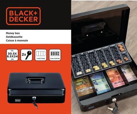 BLACK+DECKER blagajna / sef za denar s ključavnico, 4 predali / pregrade, razvrščevalnik / pladenj za kovance, 2 ključa, trpežna izdelava, jeklo, 30x24x9cm, črna