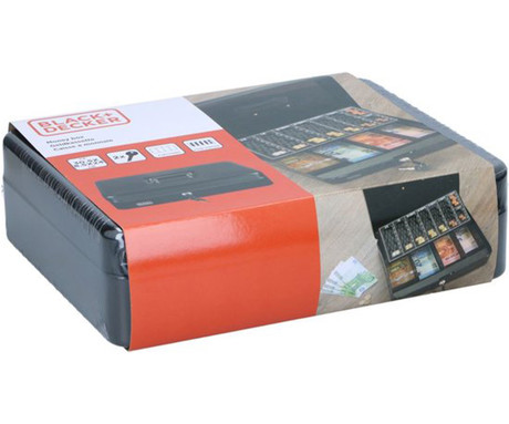 BLACK+DECKER blagajna / sef za denar s ključavnico, 4 predali / pregrade, razvrščevalnik / pladenj za kovance, 2 ključa, trpežna izdelava, jeklo, 30x24x9cm, črna
