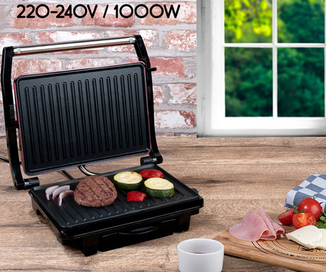 ALPINA GRILL kontaktni žar, 1000W, električni, ročaj z zaklepanjem, premaz proti prijemanju, LED indikator, 30.5x26x10cm, črno rdeč ALPINA GRILL kontaktni žar, 1000W, električni, ročaj z zaklepanjem, premaz proti prijemanju, LED indikator, 30.5x26x10cm, črno rdeč