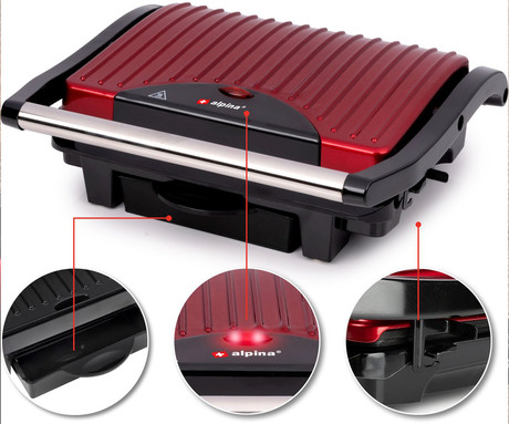 ALPINA GRILL kontaktni žar, 1000W, električni, ročaj z zaklepanjem, premaz proti prijemanju, LED indikator, 30.5x26x10cm, črno rdeč ALPINA GRILL kontaktni žar, 1000W, električni, ročaj z zaklepanjem, premaz proti prijemanju, LED indikator, 30.5x26x10cm, črno rdeč