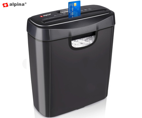 ALPINA uničevalec dokumentov / papirja, 190W, 10L prostornina, A4 širina, varno uničevanje papirja / dokumentov / kartic, domača / pisarniška uporaba, tiho delovanje, gumbi za upravljanje, črn
