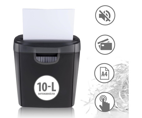 ALPINA uničevalec dokumentov / papirja, 190W, 10L prostornina, A4 širina, varno uničevanje papirja / dokumentov / kartic, domača / pisarniška uporaba, tiho delovanje, gumbi za upravljanje, črn