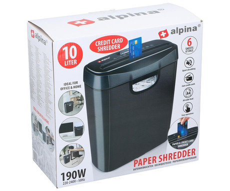 ALPINA uničevalec dokumentov / papirja, 190W, 10L prostornina, A4 širina, varno uničevanje papirja / dokumentov / kartic, domača / pisarniška uporaba, tiho delovanje, gumbi za upravljanje, črn
