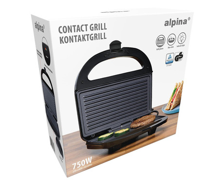 ALPINA MULTI GRILL kontaktni žar, 750W, električni, ročaj z zaklepanjem, premaz proti prijemanju, LED indikator, 22.5x21.5x6.5cm, črn