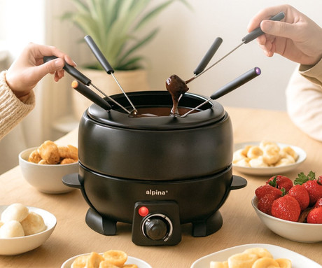 ALPINA komplet za fondue, 800W, 2.3L, električni, 6 vilic, nastavljiva temperatura, premaz proti prijemanju, LED indikator, nerjaveče jeklo, črn ALPINA komplet za fondue, 800W, 2.3L, električni, 6 vilic, nastavljiva temperatura, premaz proti prijemanju, LED indikator, nerjaveče jeklo, črn