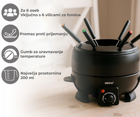 ALPINA komplet za fondue, 800W, 2.3L, električni, 6 vilic, nastavljiva temperatura, premaz proti prijemanju, LED indikator, nerjaveče jeklo, črn ALPINA komplet za fondue, 800W, 2.3L, električni, 6 vilic, nastavljiva temperatura, premaz proti prijemanju, LED indikator, nerjaveče jeklo, črn